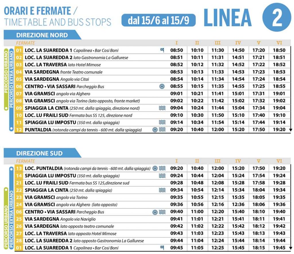 Orari e fermate della linea 2 del bus per le spiagge di San Teodoro da giugno a settembre 2024