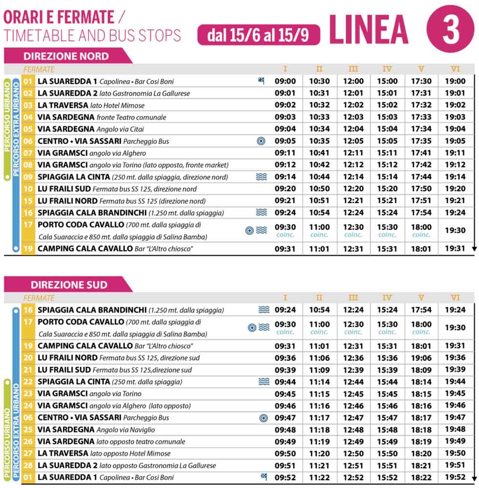 Tabella oraria della linea 3 del bus per le spiagge di San Teodoro a giugno, luglio, agosto e settembre 2024