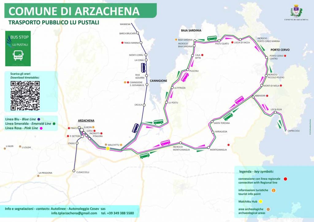 Cartina con percorso e fermate del bus Lu Pustali da Arzachena alla Costa Smeralda