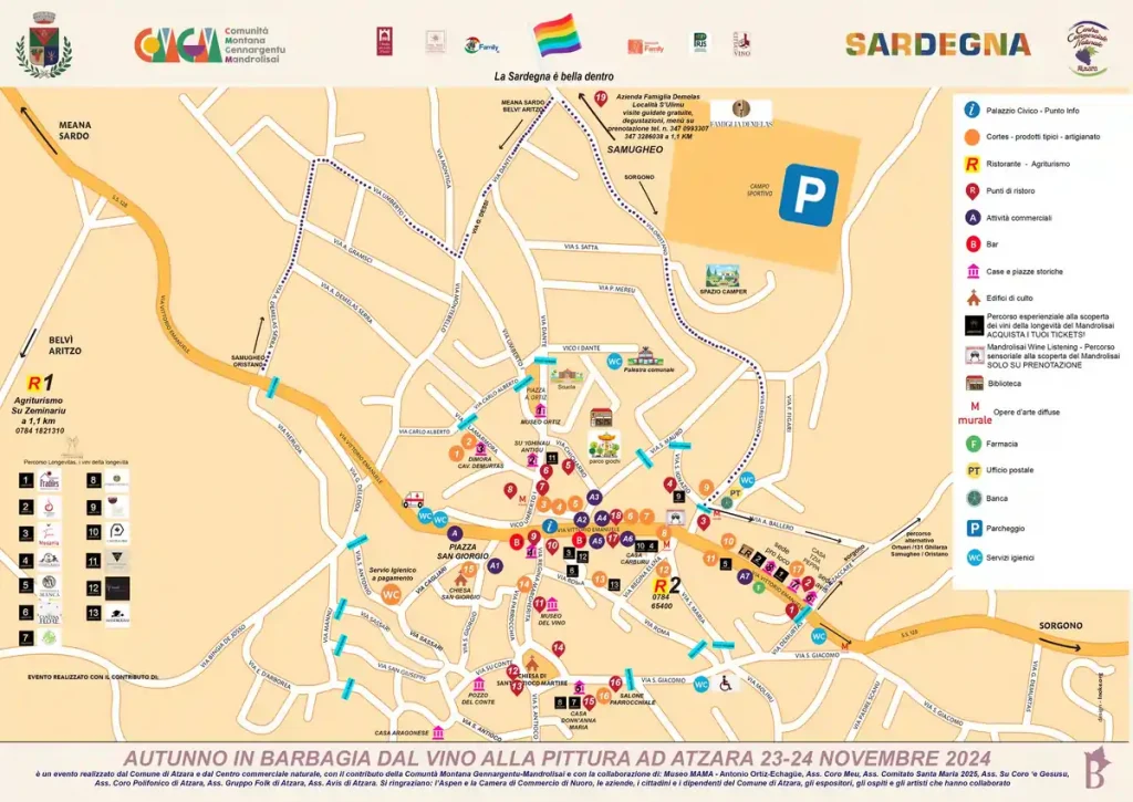 Cartina di Atzara, delle cortes apertas e dei punti ristoro per autunno in Barbagia 2024 | Sardegnainblog