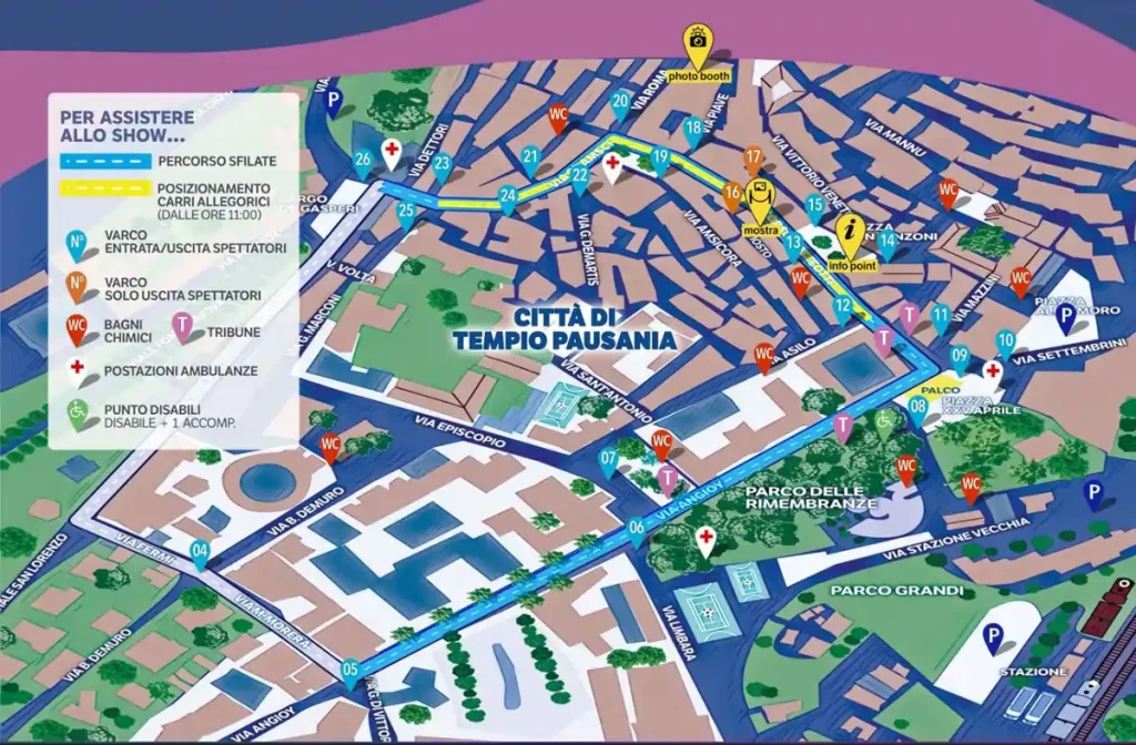 Percorso del carnevale di Tempio Pausania sulla cartina stradale della città | Sardegna in Blog