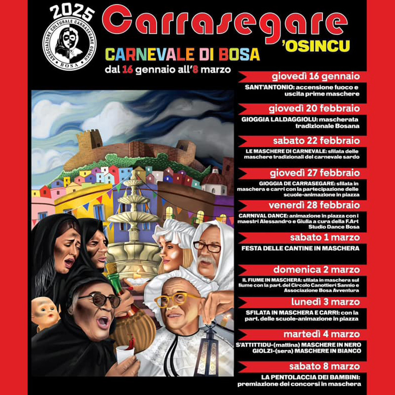 Carrasegare Osincu Bosa 2025, calendario eventi e sfilate a febbraio e marzo 2025