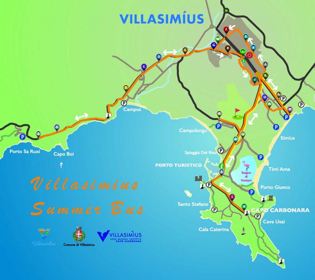 Cartina di Villasimius con la posizione delle fermate del bus estivo per le spiagge