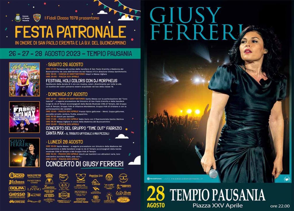 Programma festa patronale Tempio Pausania 2023, con il concerto di Giusi Ferreri al lunedì