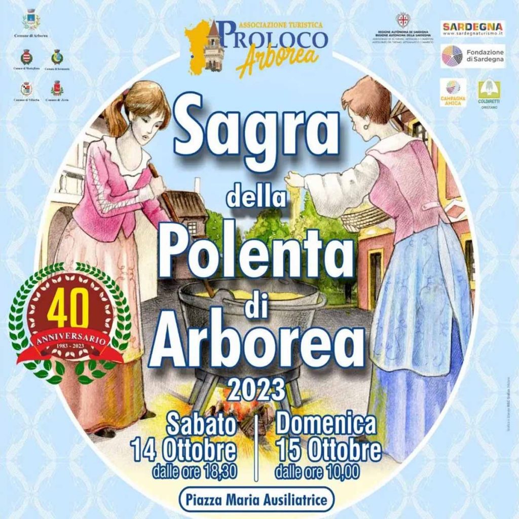 Sagra della polenta Arborea 2023, manifesto con date, orari e programma