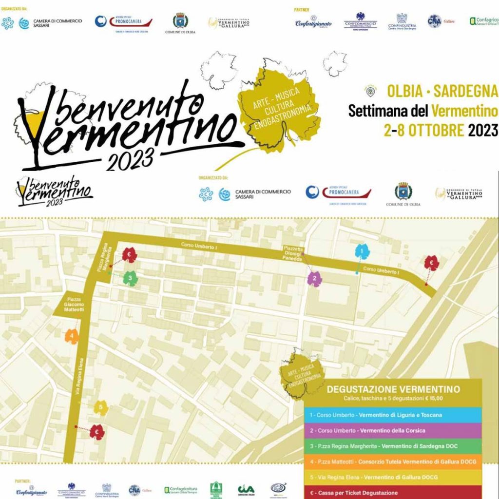 Benvenuto Vermentino Olbia 2023, manifesto con date, cartina e programma