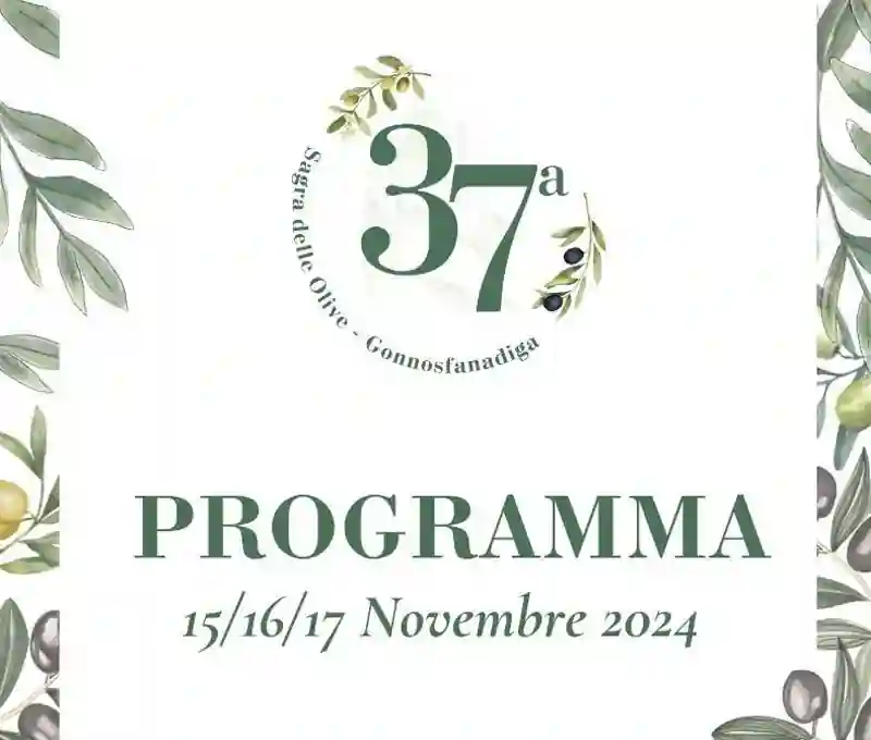 Sagra delle olive Gonnosfanadiga 2024, manifesto con programma, date e orario eventi