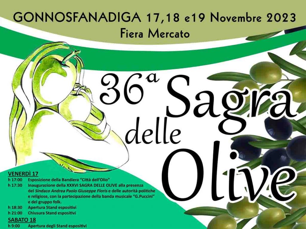 Sagra delle olive Gonnosfanadiga 2023, manifesto con date e programma