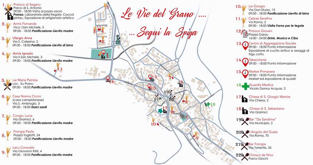 Cartina di Segariu con mappa dei forni e dei punti ristoro de "Le vie del grano"