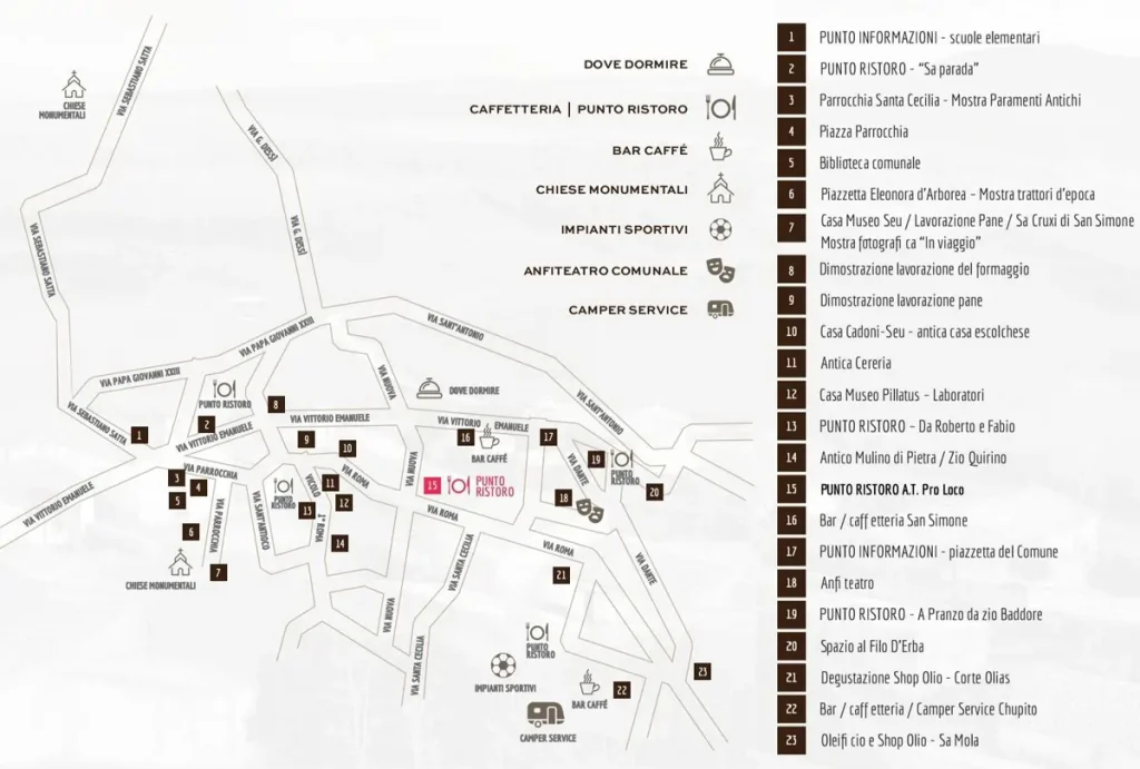 Cartina di Escolca, con mappa dei punti ristoro e degli stand per Sa die de s'ollu e liori 2025
