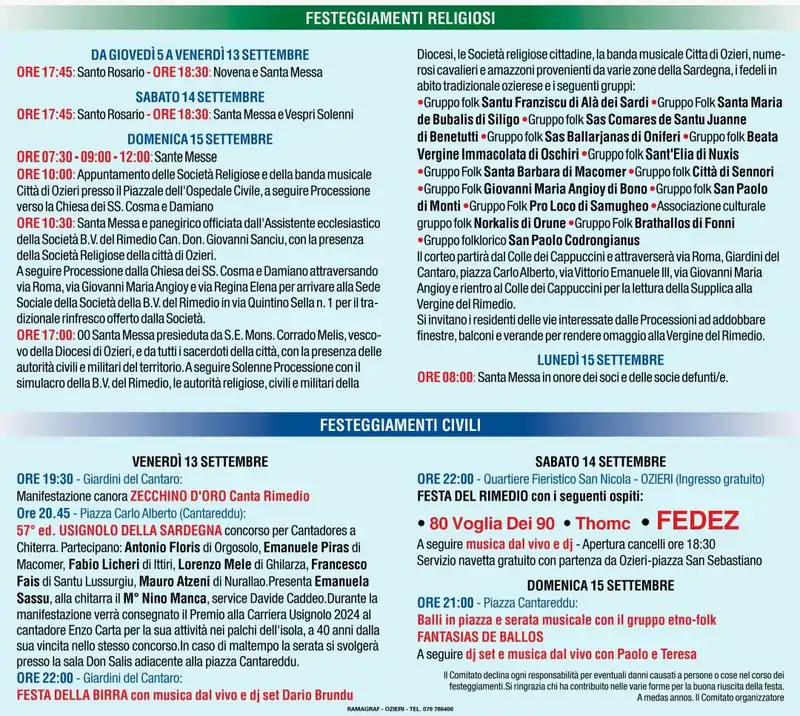 Madonna del Rimedio Ozieri 2023, programma religioso e civile
