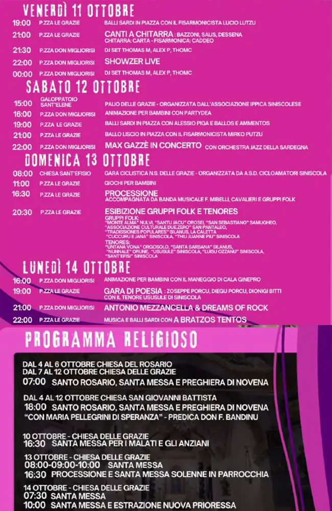 Festa Le Grazie Siniscola 2024, programma civile e religioso, con orari di eventi, concerti, riti e processioni