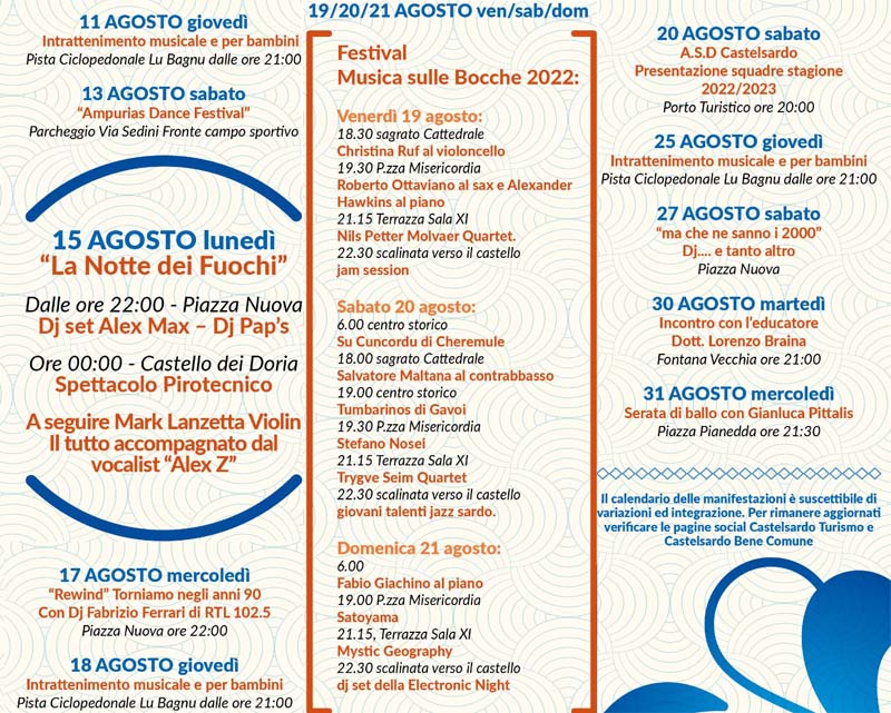 Calendario eventi della seconda metà di agosto 2022 a Castelsardo