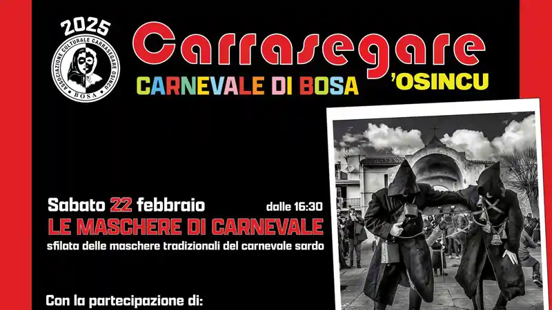 Sfilata maschere tradizionali 2025 a Bosa, manifesto con programma, data, orario d'inizio e gruppi partecipanti | Sardegna in Blog