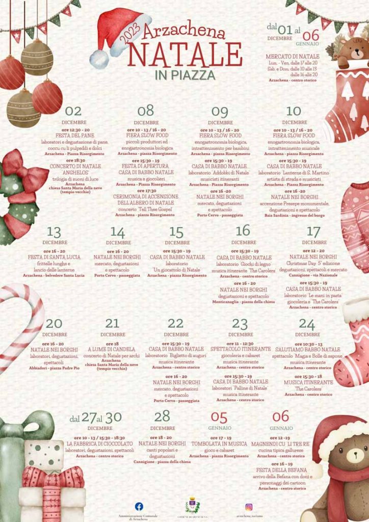 calendario eventi Natale Arzachena 2023, date e orari, manifesto