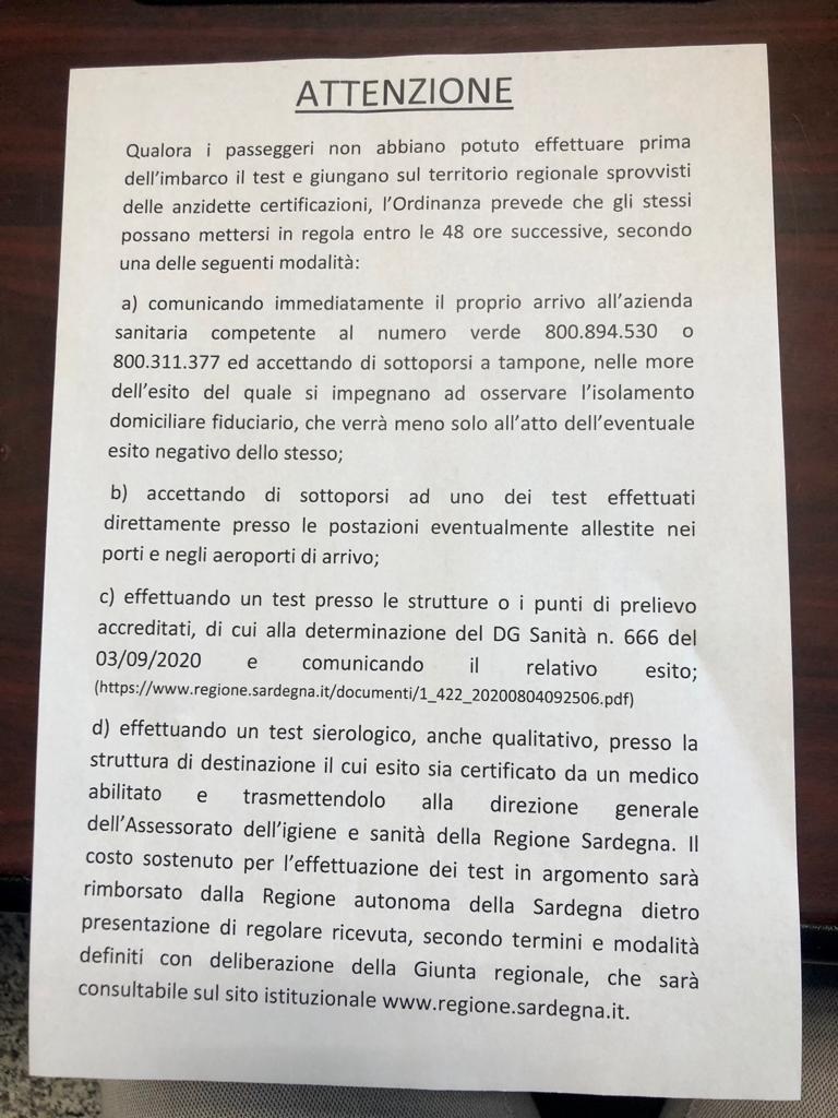 Istruzioni per chi arriva in Sardegna senza avere la certificazione di negatività al Covid