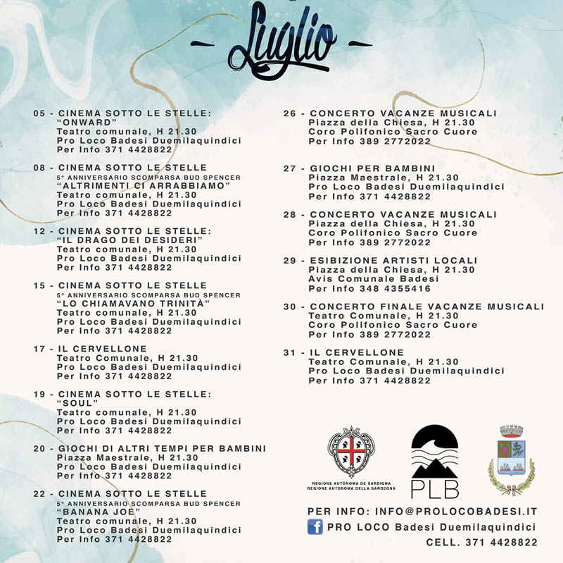 Programma eventi luglio 2021 a Badesi, Sardegna