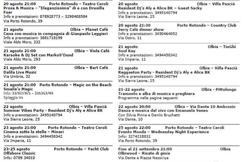 Eventi a Olbia dal 20 al 25 agosto 2021