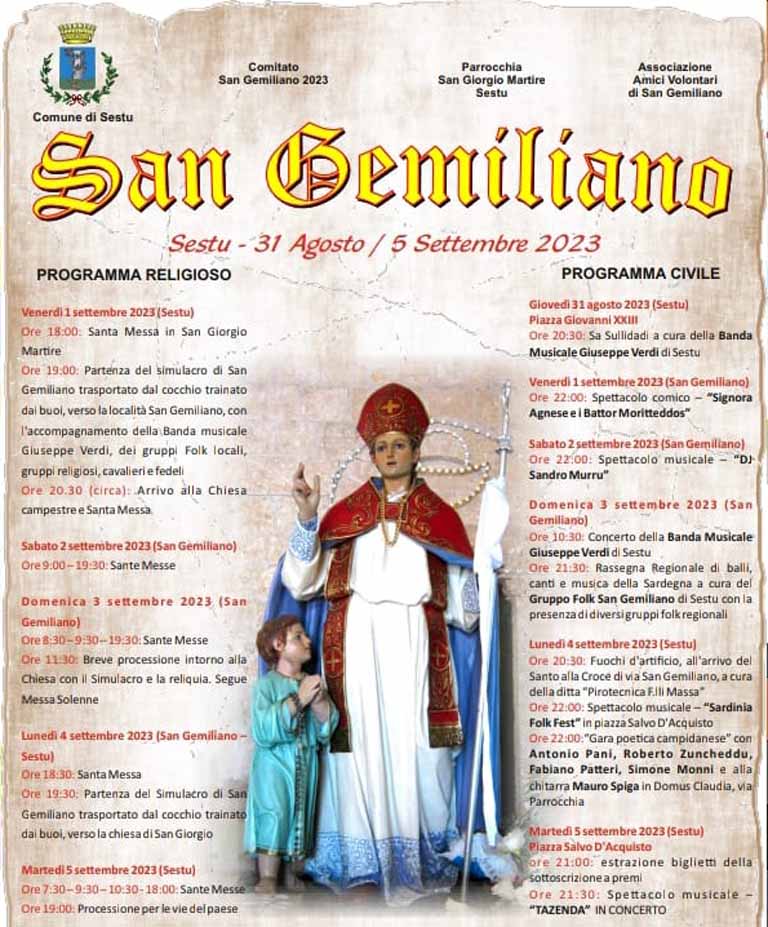 Festa di San Gemiliano a Sestu, manifesto in date e programma 2023