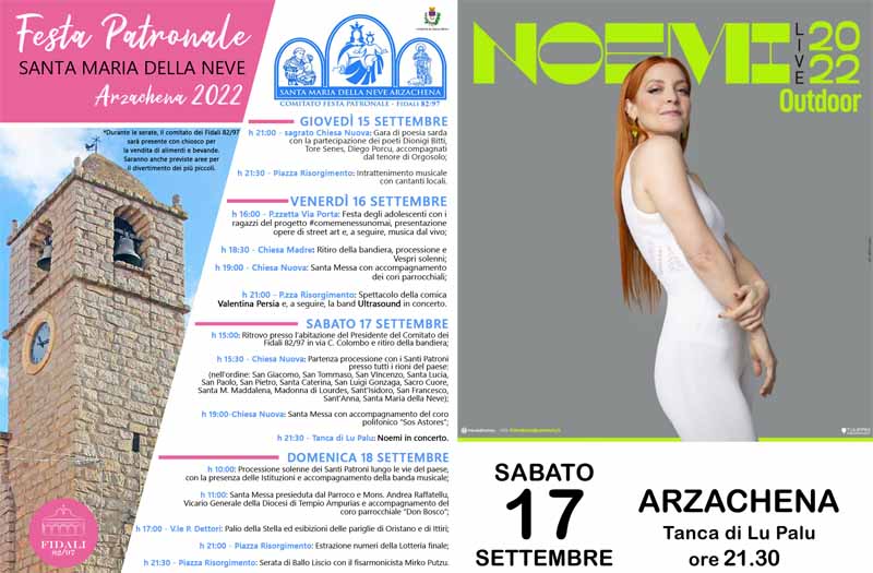 Festa patronale di Arzachena 2022, programma concerto Noemi