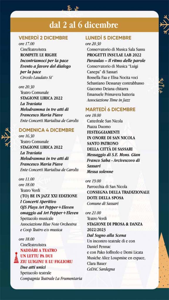 Programma eventi di Natale a Sassari dal 2 al 6 dicembre 2022