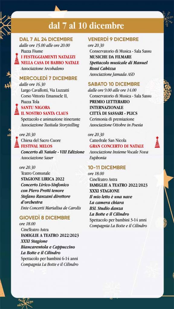 Programma eventi di Natale a Sassari dal 7 al 10 dicembre 2022