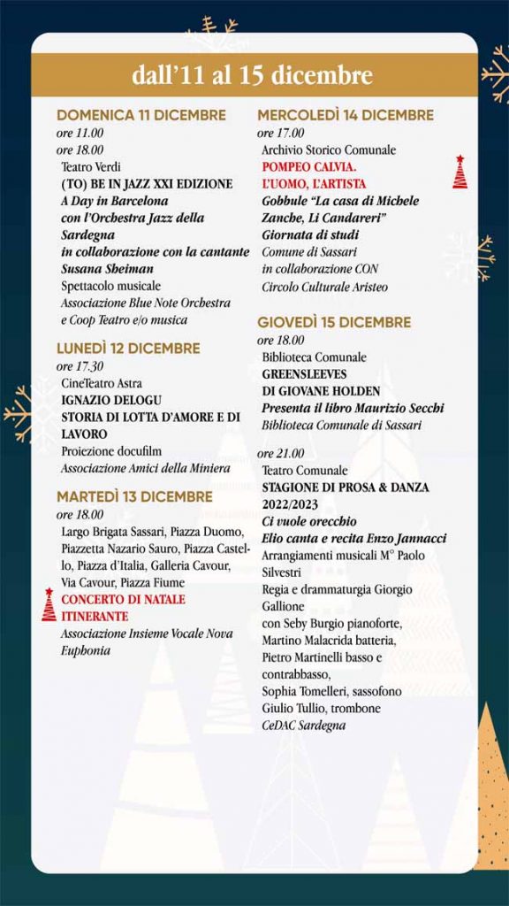 Programma eventi di Natale a Sassari dal l'11 al 15 dicembre 2022