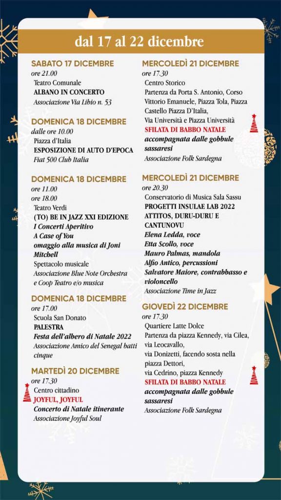 Programma eventi di Natale a Sassari dal 17 al 22 dicembre 2022