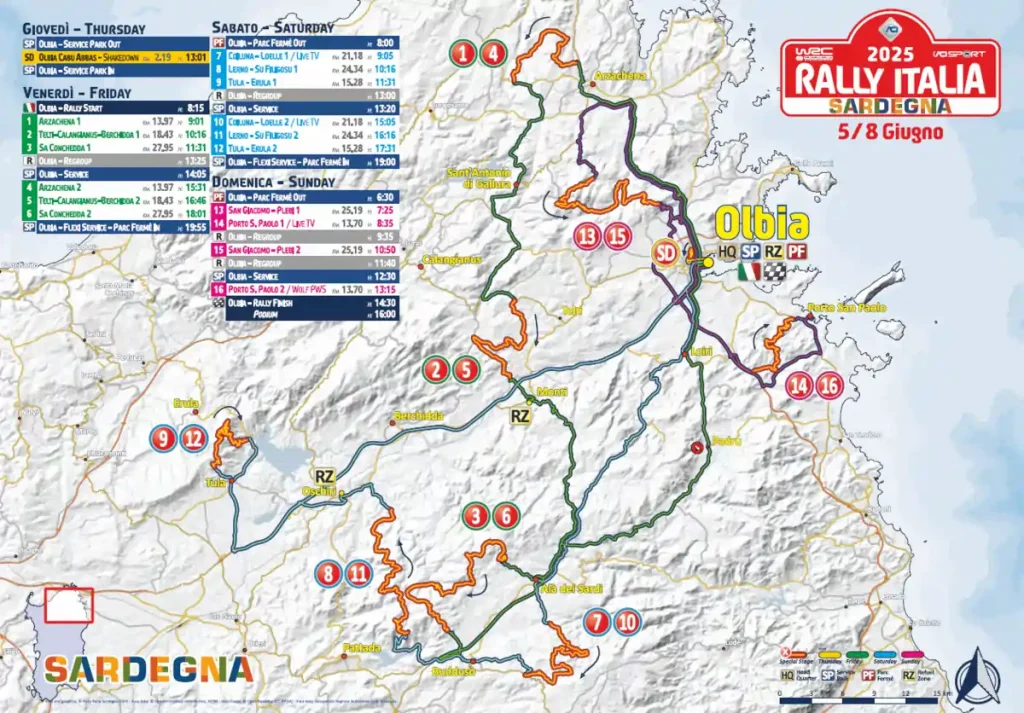 Cartina dei percorsi delle  prove speciali del Rally Italia Sardegna 2025 in Gallura | Sardegna in blog