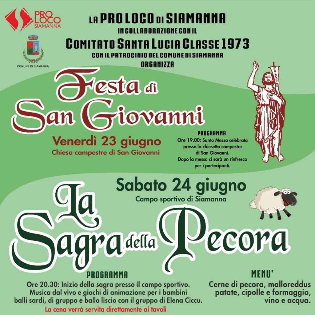 Programma della sagra della pecora e della festa di San Giovanni 2023, a Siamanna