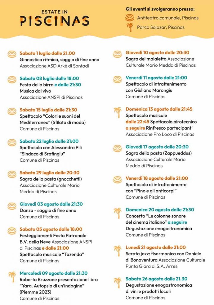 Calendario eventi di luglio e agosto 2023 a Piscinas