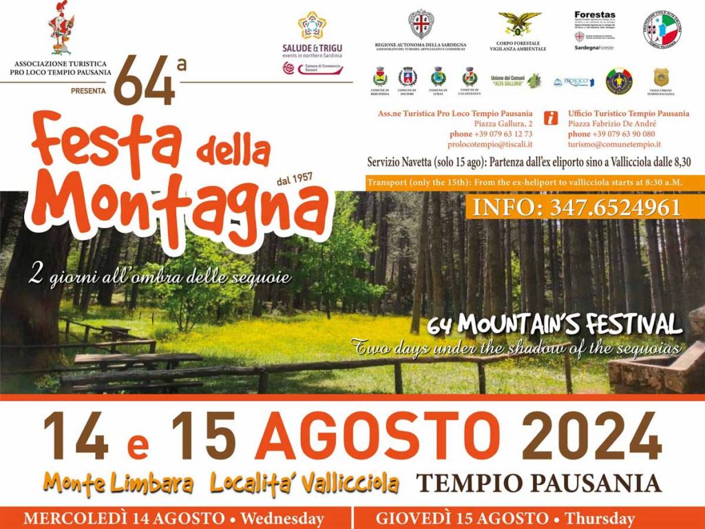 Festa della montagna sul Limbara per il ferragosto 2024 a Tempio Pausania, manifesto con date e programma