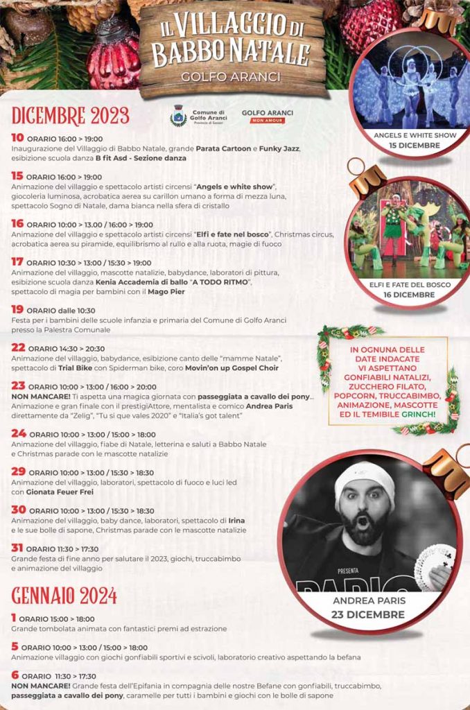 Programma eventi Natale Golfo Aranci 2023, manifesto con calendario e orari