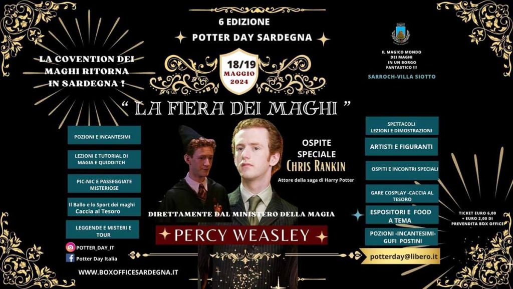 Manifesto con date e programma del Potter Day 2024 in Sardegna, la fiera dei maghi!