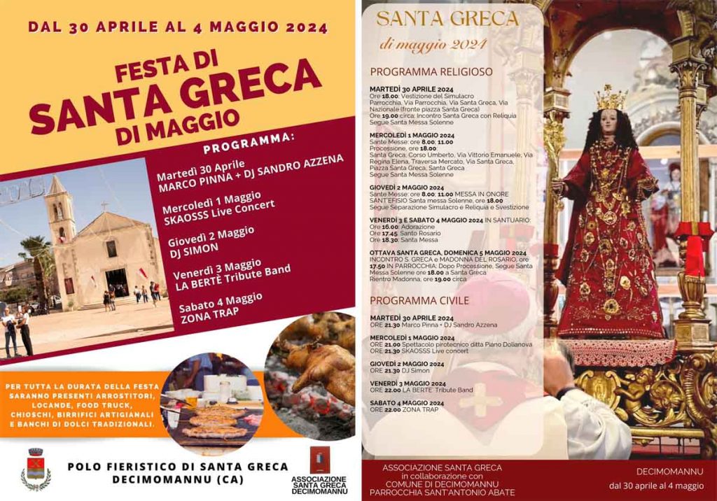 Festa di San ta Greca di Maggio 2024 a Decimomannu, manifesti con il programma civile e religioso