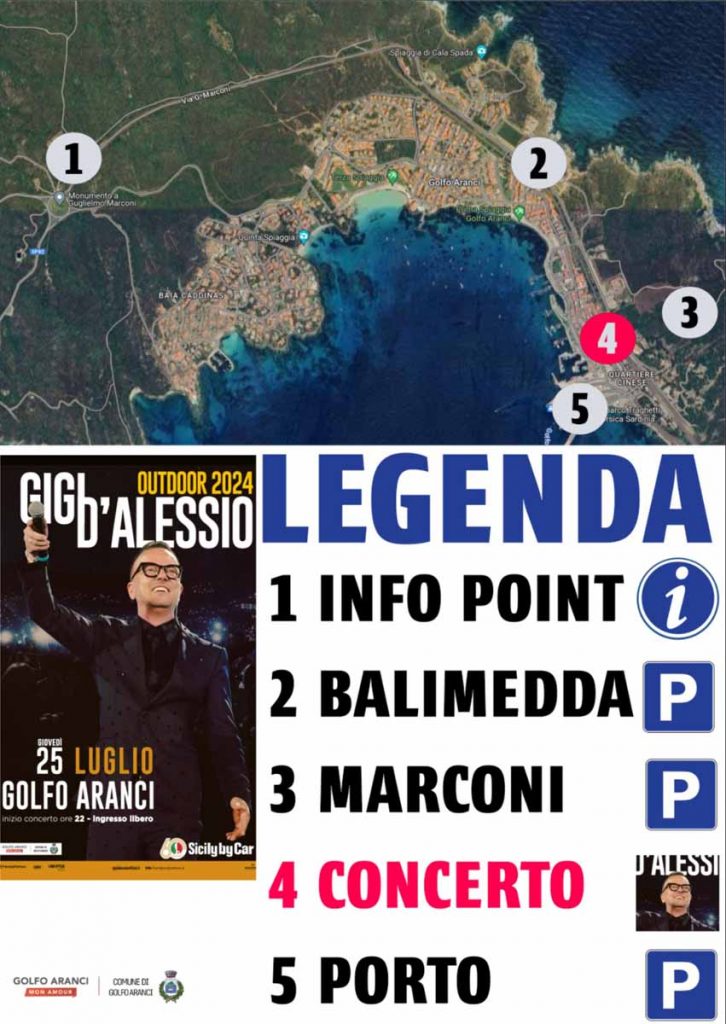 Cartina di Golfo Aranci con il posizionamento dei parcheggi, del palco e dell'info point