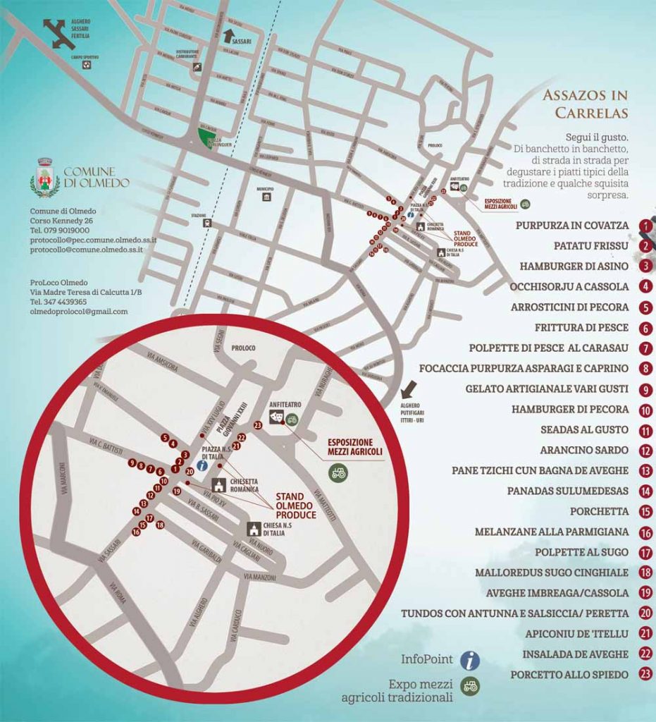 Cartina stradale di Olmedo e posizione punti ristoro con elenco menù e pietanze per Suoni e Sapori 2024