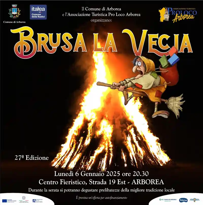 Brusa la vecia arborea 2025, manifesto con data, orari e programma