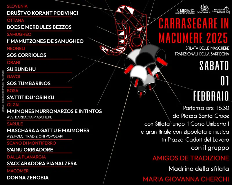 Carrasegare in Macumere 2025, manifesto con programma ed elenco di tutte le maschere partecipanti!