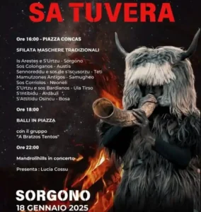 Sa Tuvera Sorgono 2025, manifesto con programma e orari di fuoco e sfilata maschere