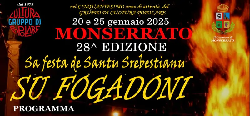 Su Fogadoni Monserrato 2025, manifesto con programma, date e orari eventi, falò e processioni