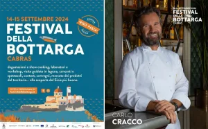 Manifesto del Festival della bottarga 2024 a Cabras, con l'immagine di Carlo Cracco, grande ospite di questa edizione