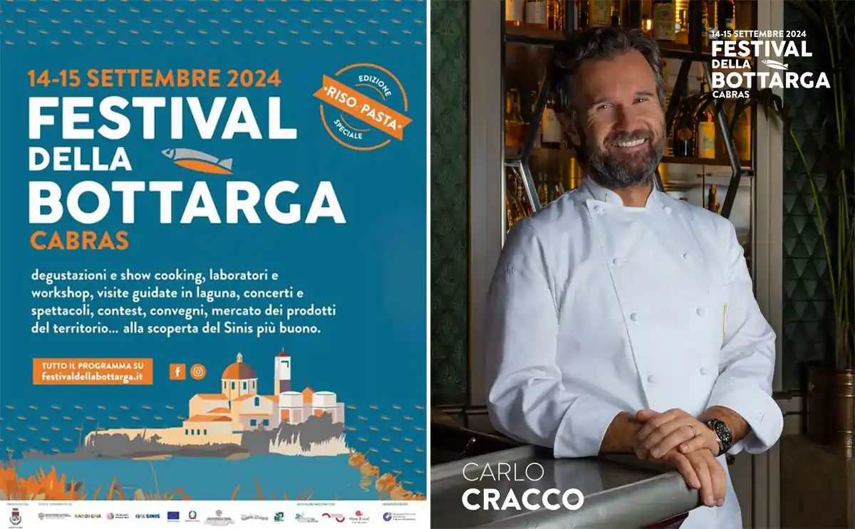 Manifesto del Festival della bottarga 2024 a Cabras, con l'immagine di Carlo Cracco, grande ospite di questa edizione
