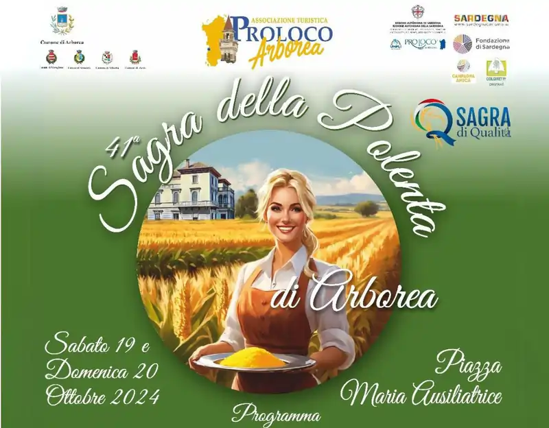 Sagra della polenta Arborea 2024, manifesto con date, orari e programma
