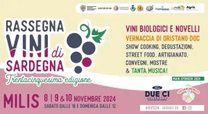 Rassegna dei vini novelli Milis 2024, manifesto con programma, date e orari eventi
