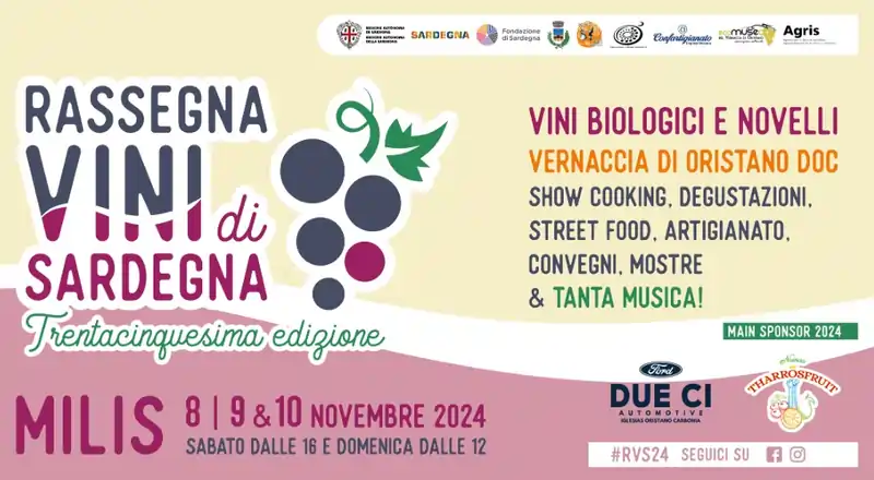 Rassegna dei vini novelli Milis 2024, manifesto con programma, date e orari eventi