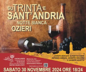 Su Trinta Sant'Andria Ozieri 2024, manifesto con programma, data e orari della notte bianca del vino nuovo