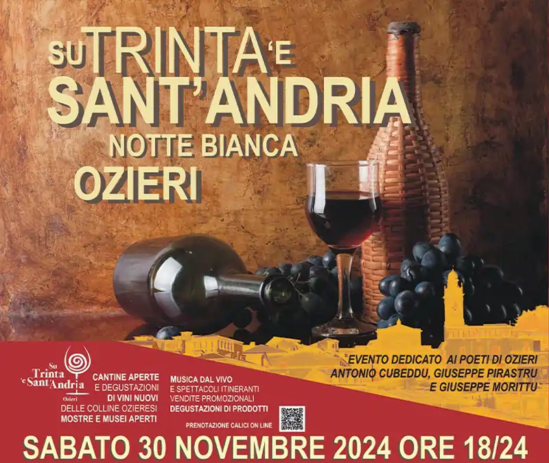 Su Trinta Sant'Andria Ozieri 2024, manifesto con programma, data e orari della notte bianca del vino nuovo