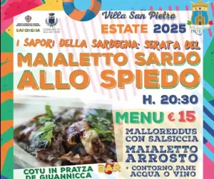 Sagra maialetto Villa San Pietro 2025, manifesto con data, programma, prezzo e menù | Sardegna in blog
