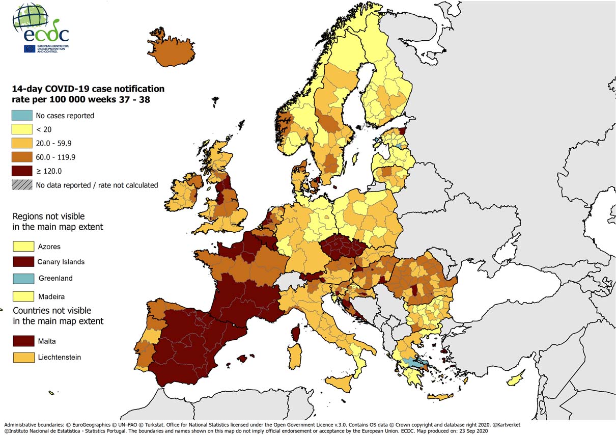 Casi Covid in Europa nelle ultime due settimane